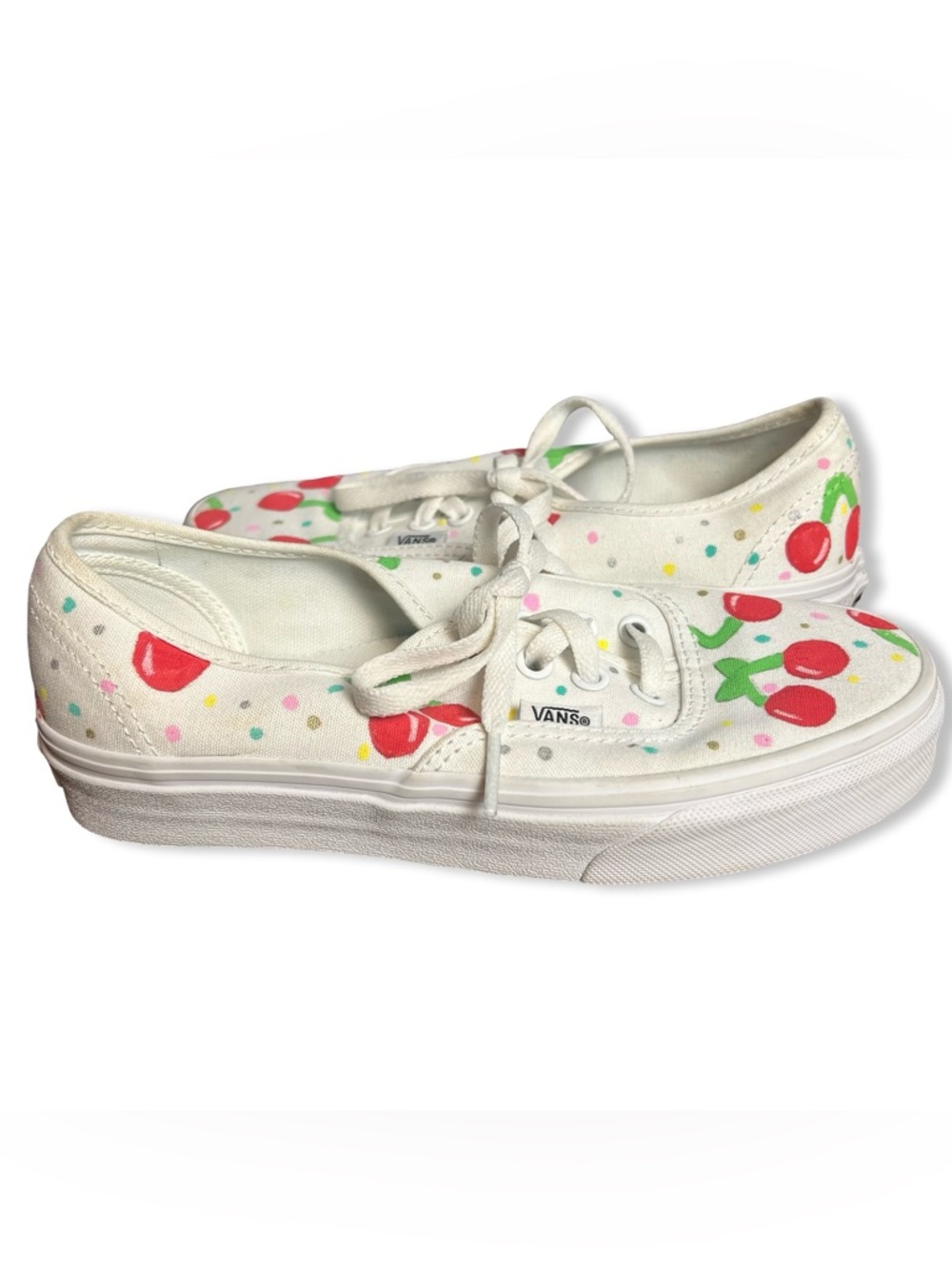 Vans Authentic‎ Custom Hand Painted Cherry Polka Dot White Sneakers Women 5.5